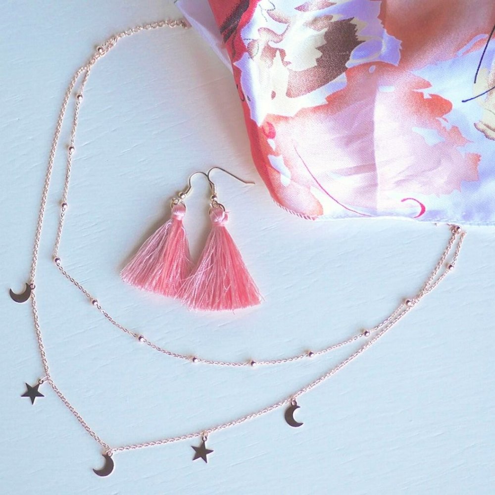 S925 Rose Gold Moon Star Layered Necklace - Picture 7 of 9
